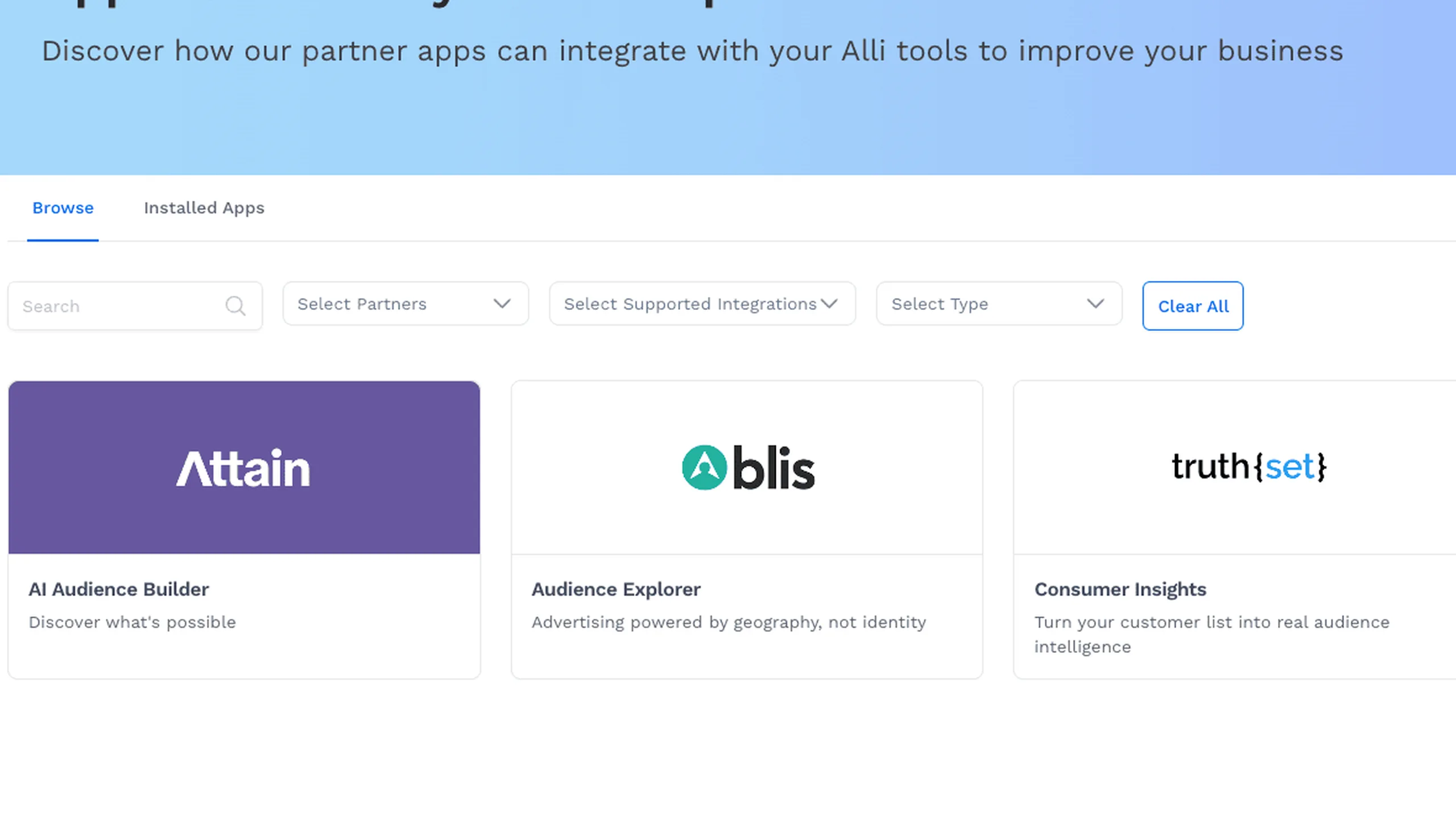 Alli Marketplace catalog of partner tools