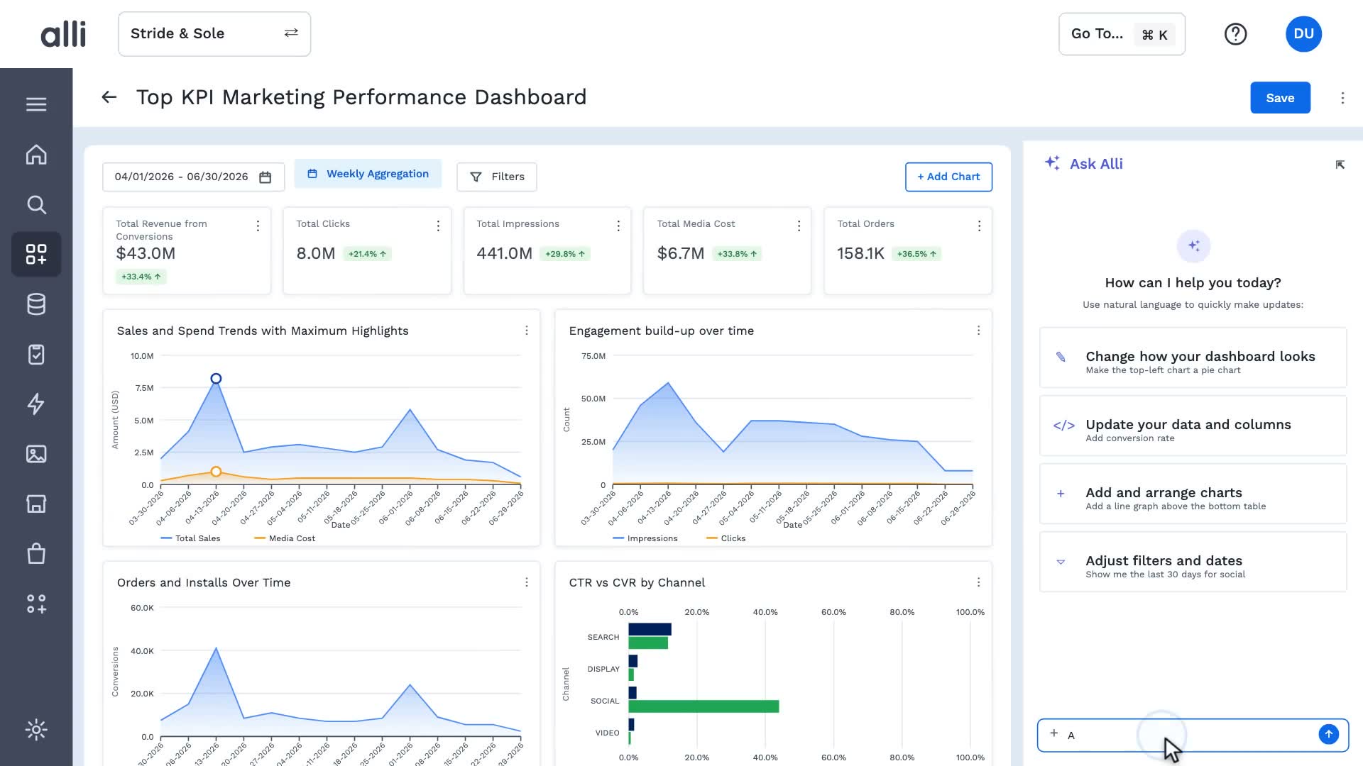 No-code creation in Alli Generative Dashboards: a frame from the video