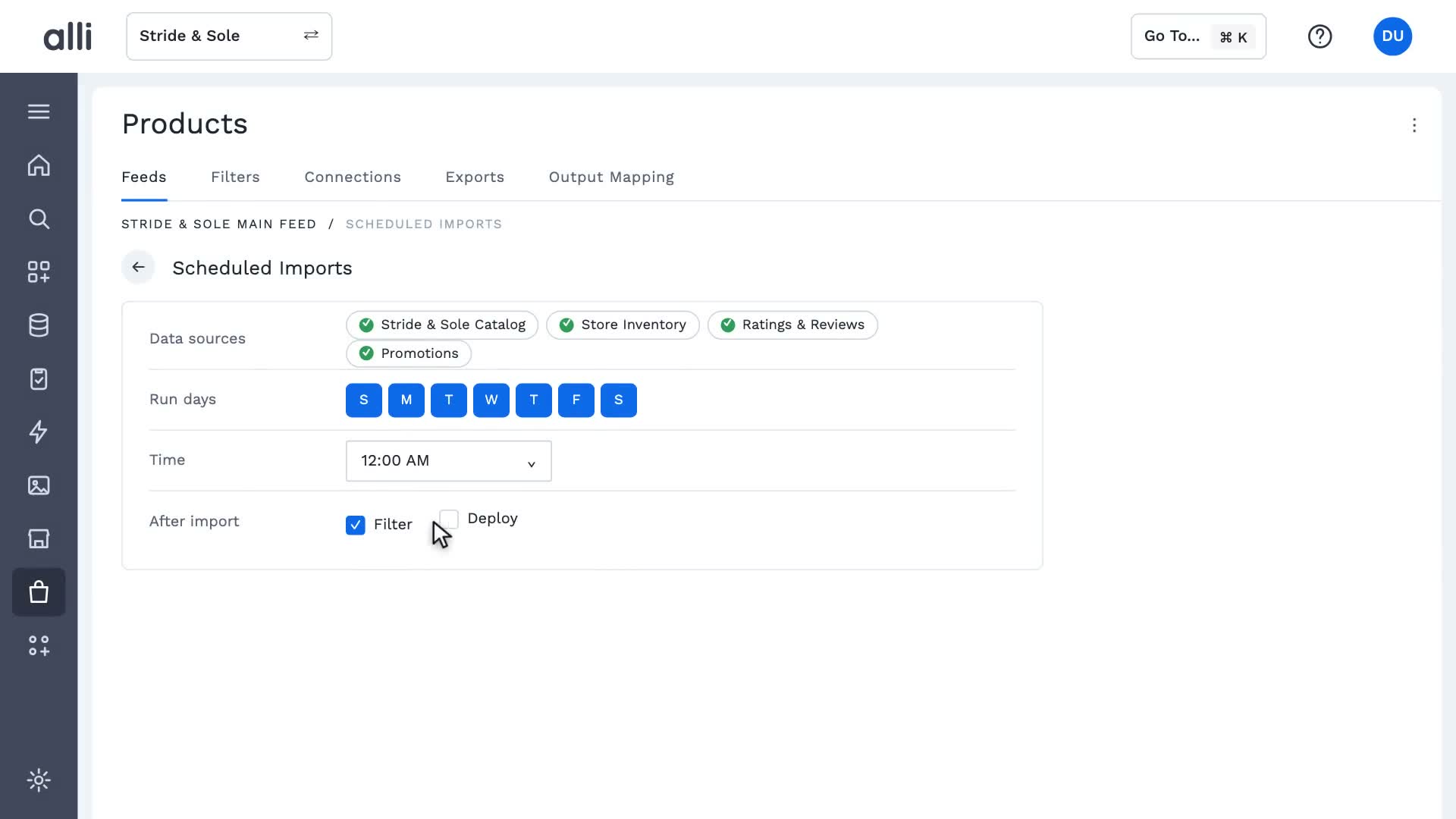 Scheduled runs in Alli Product Feed Management: a frame from the video